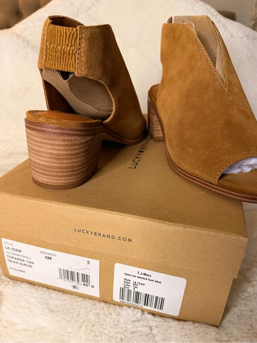 Lucky Brand Women's Suede Peep-Toe Block Heel Sandals - Tan - Picture 2 of 5